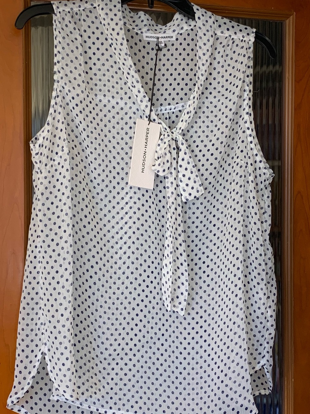 White Navy Polka Dot Tie-Neck Sleeveless Top